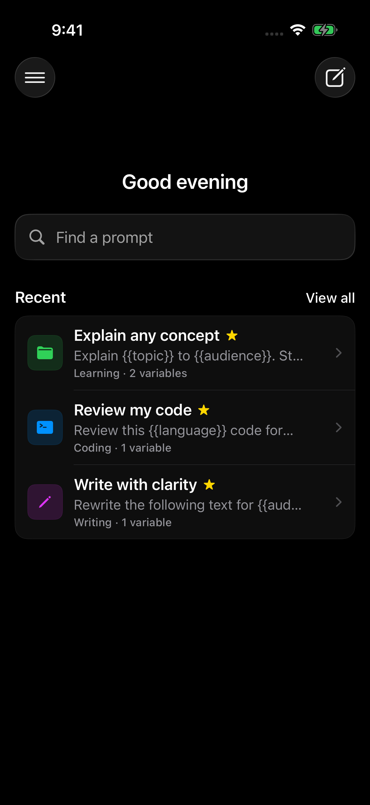 UltraPrompt on iPhone, showing search and a library of favorite prompts.